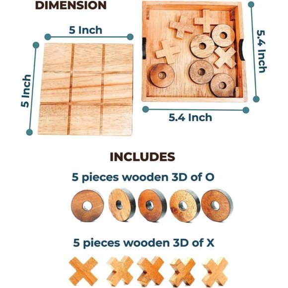 Wooden Tic Tac Toe Game Brain Teaser Puzzles for Adults & Unique Gifts for Kids - Picture 3 of 6